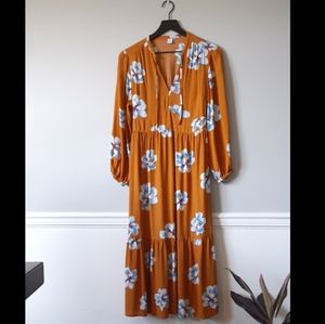 Floral Print Tiered- Hem Midi Swing Dress